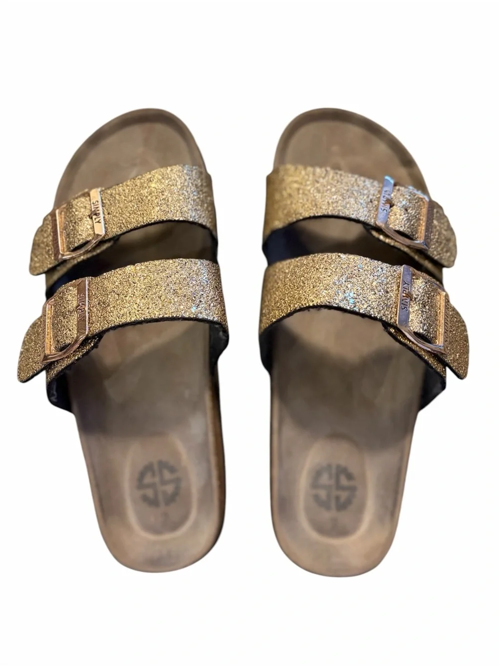Simply Sourhern Gold Glitter Double-Buckle Slide Sandals Size 7